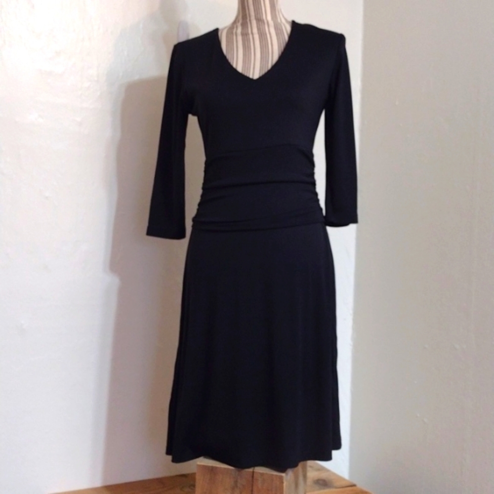 Carilyn Vaile Vintage Black Stretch Knit V-neck Midi Dress Size M